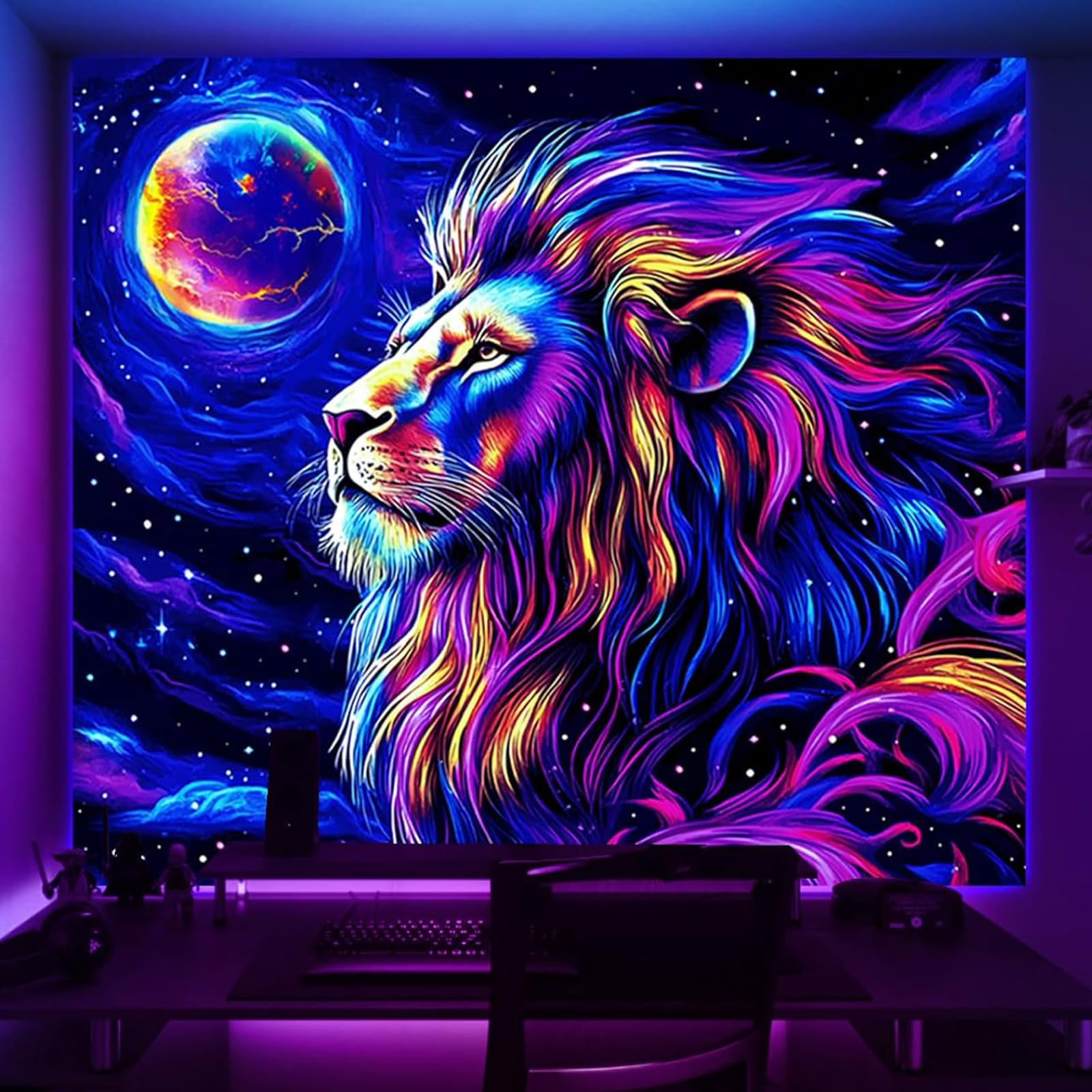 Amazon.com: Avinyl Blacklight Moon Tapestry, Black Light Lion and